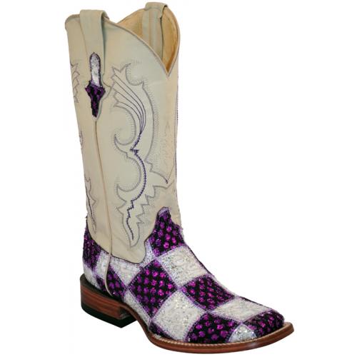 Ferrini Ladies 81393-48 Purple / White Genuine Patchwork Cowhide Boots